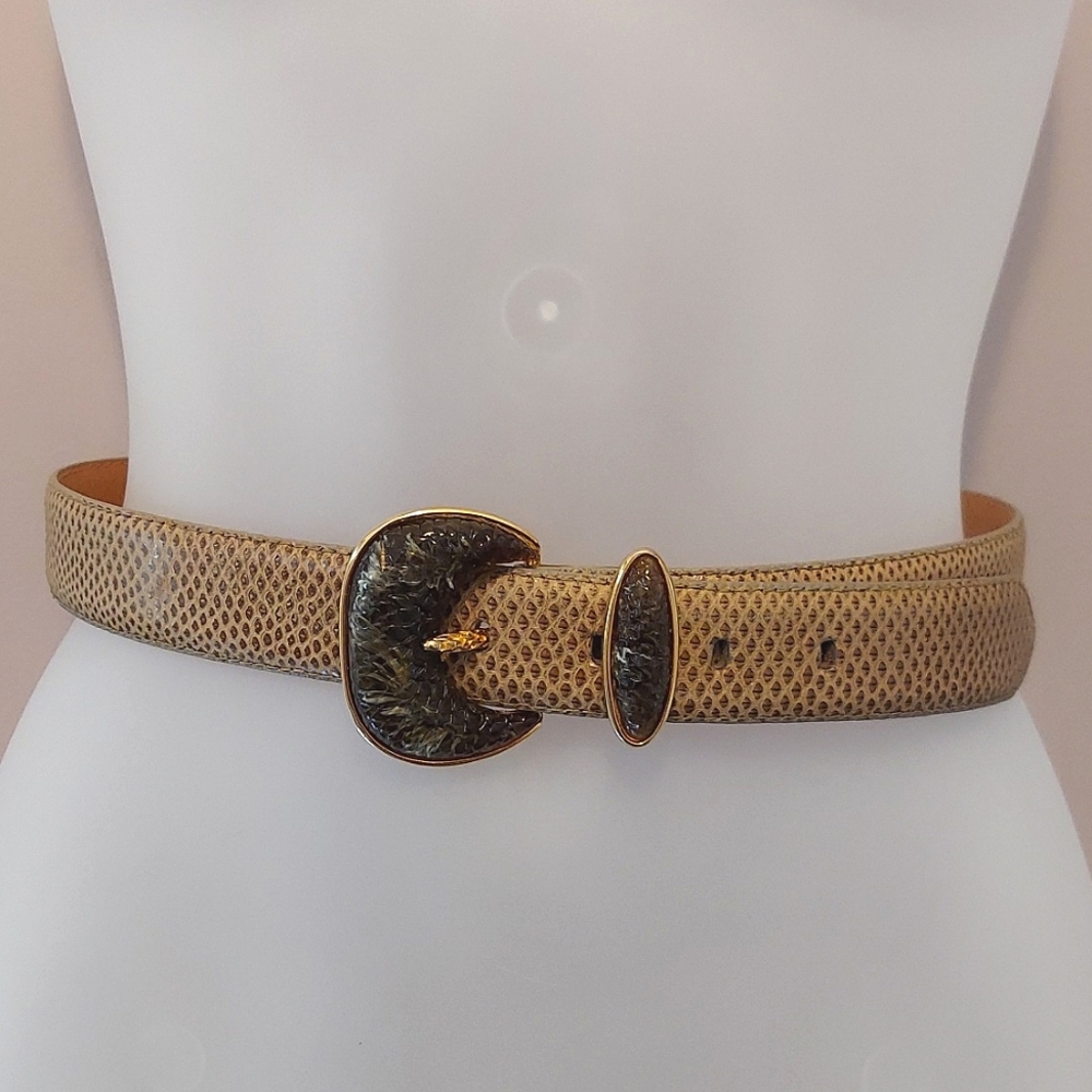 Vintage 90s Carlisle Snakeskin and Leather Belt with Sculpted Buckle Size Small